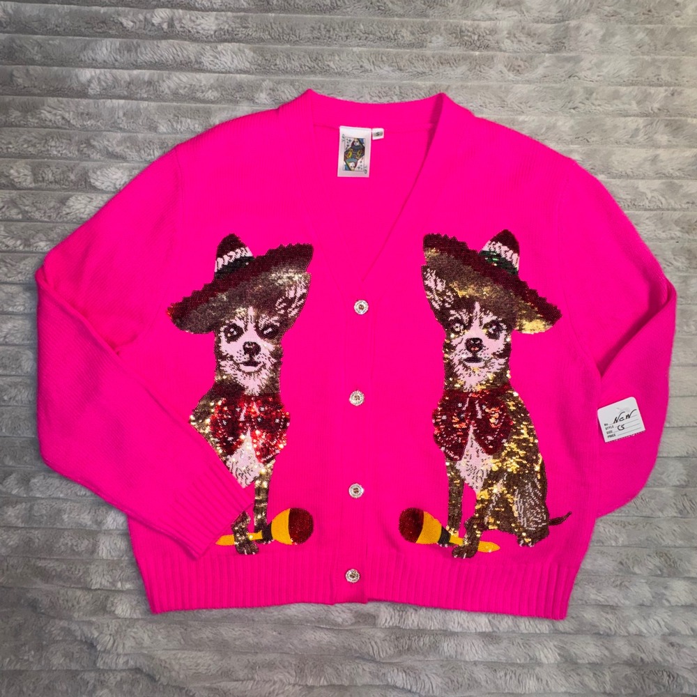 Queen of Sparkles Pink Chihuahua Sequin Cardigan Sweater Sombrero Maraca Small - Picture 4 of 13